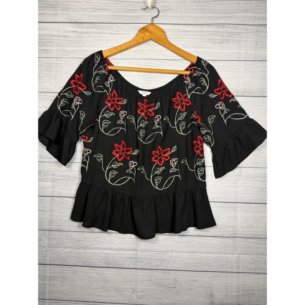 Candie's Women's Large Black Red Floral Embroidered Ruffle Sleeve Blouse 4763